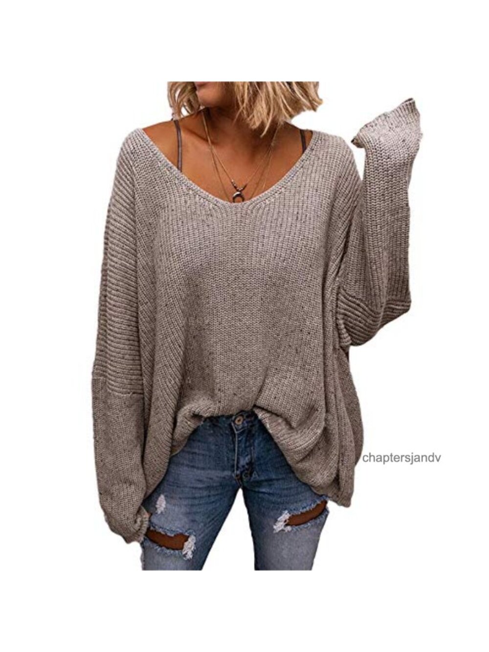 Womens Oversized Waffle Knit V-Neck Pullover Sweater Top